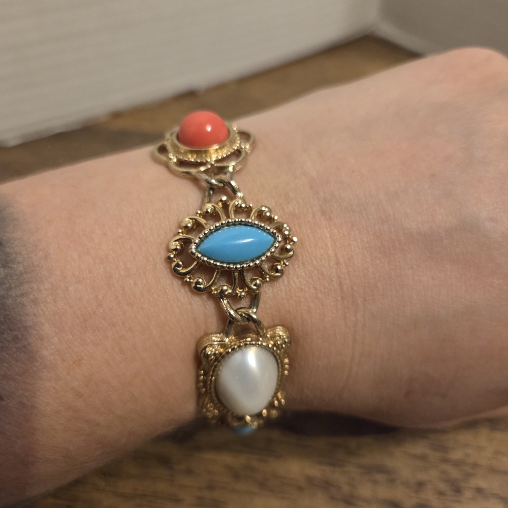 Sarah Coventry Vintage Gold Tone Bracelet with Pearl, Coral, and Turquoise - Picture 2 of 12